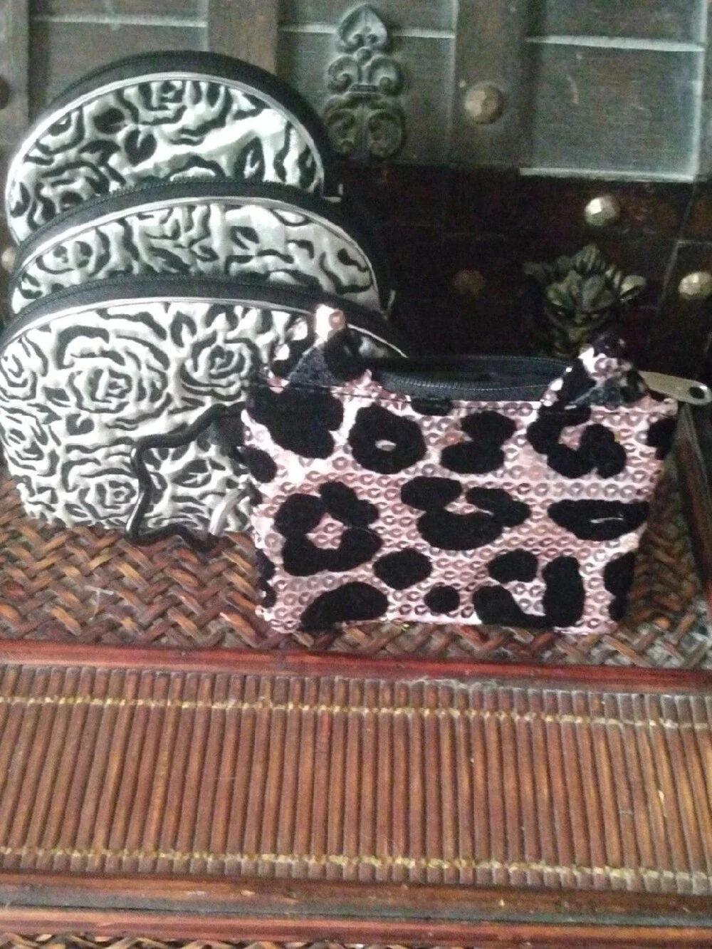 3 Stylish Black & White Floral and 1 Leopard Print Women's Coin Purses